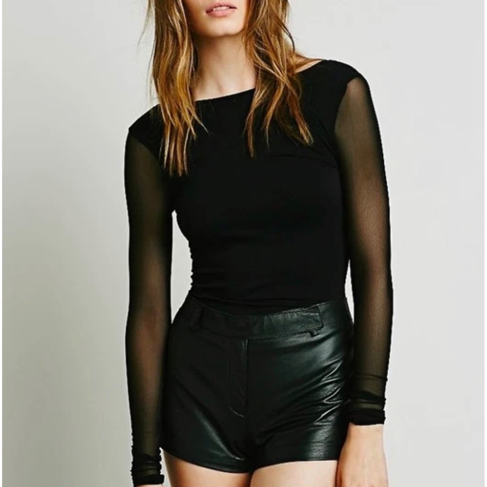 NWT Free People Scrunch Sleeve Top Women XS/S Black Sheer Mesh BodyCon Goth Edgy